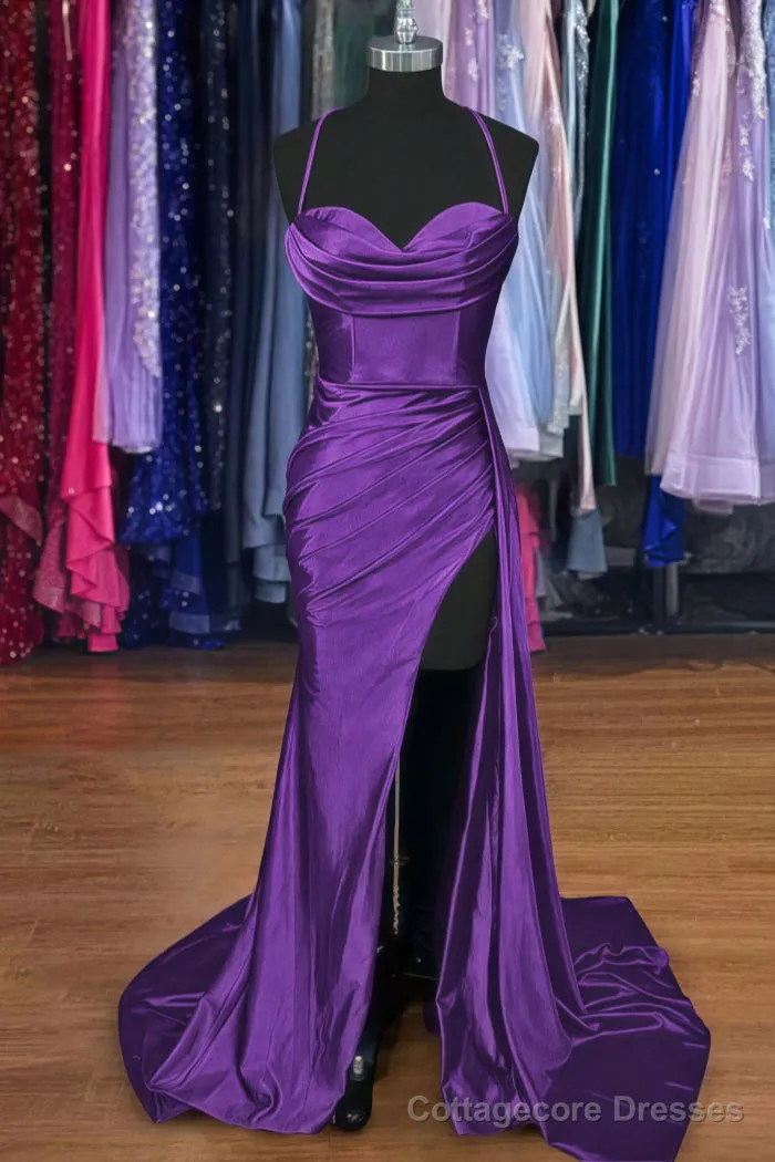 A-line Sweetheart Spaghetti Straps Sweep Train Silk like Satin Ruched Prom Dresses