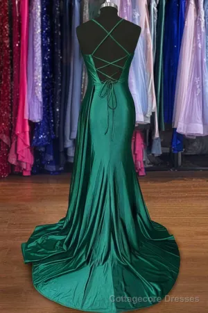 A-line Sweetheart Spaghetti Straps Sweep Train Silk like Satin Ruched Prom Dresses