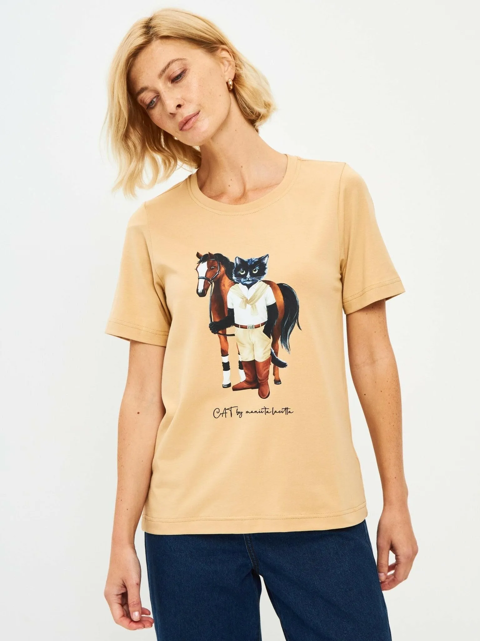 Beige Printed T-shirt RIDER CAT