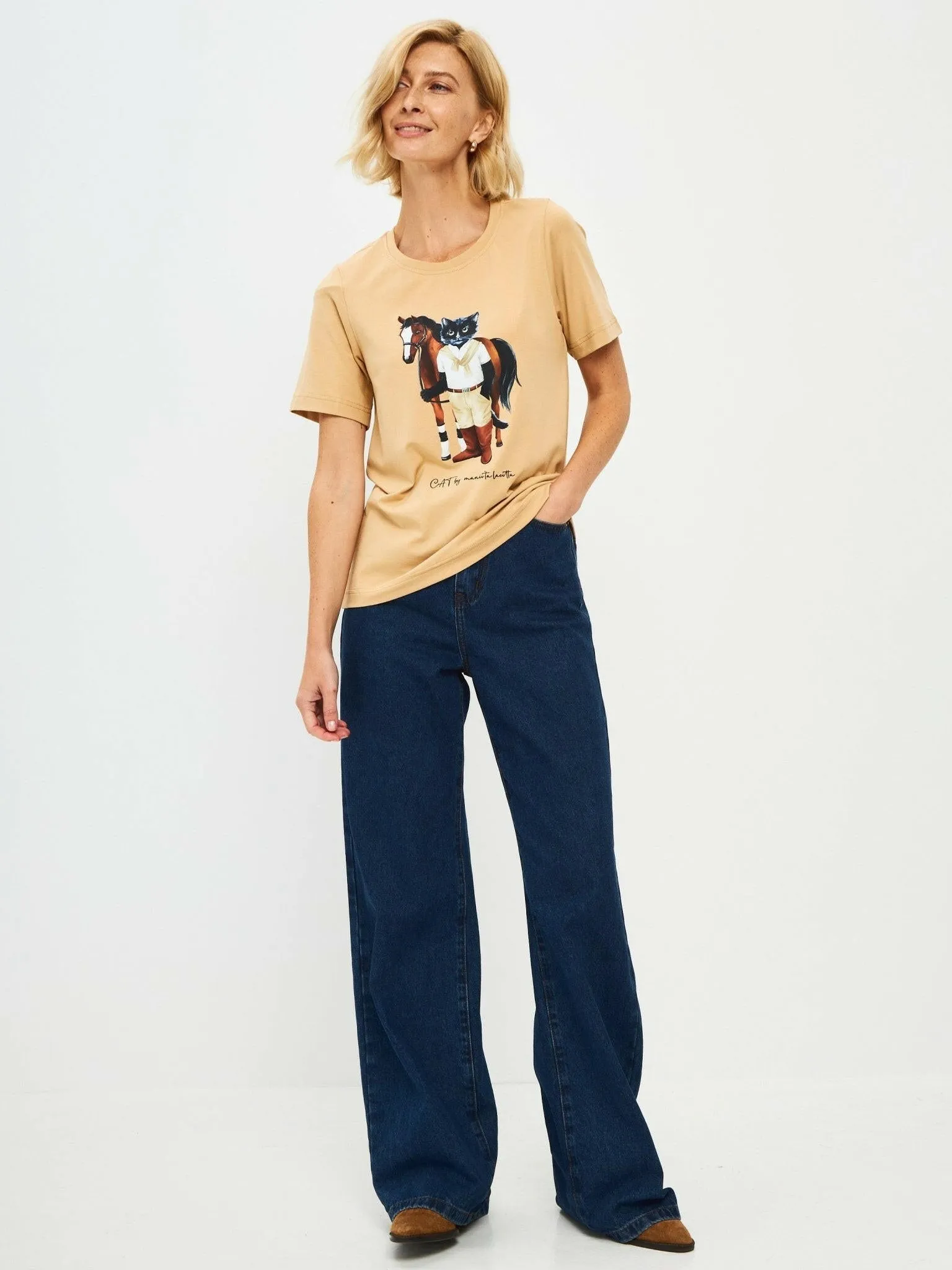 Beige Printed T-shirt RIDER CAT