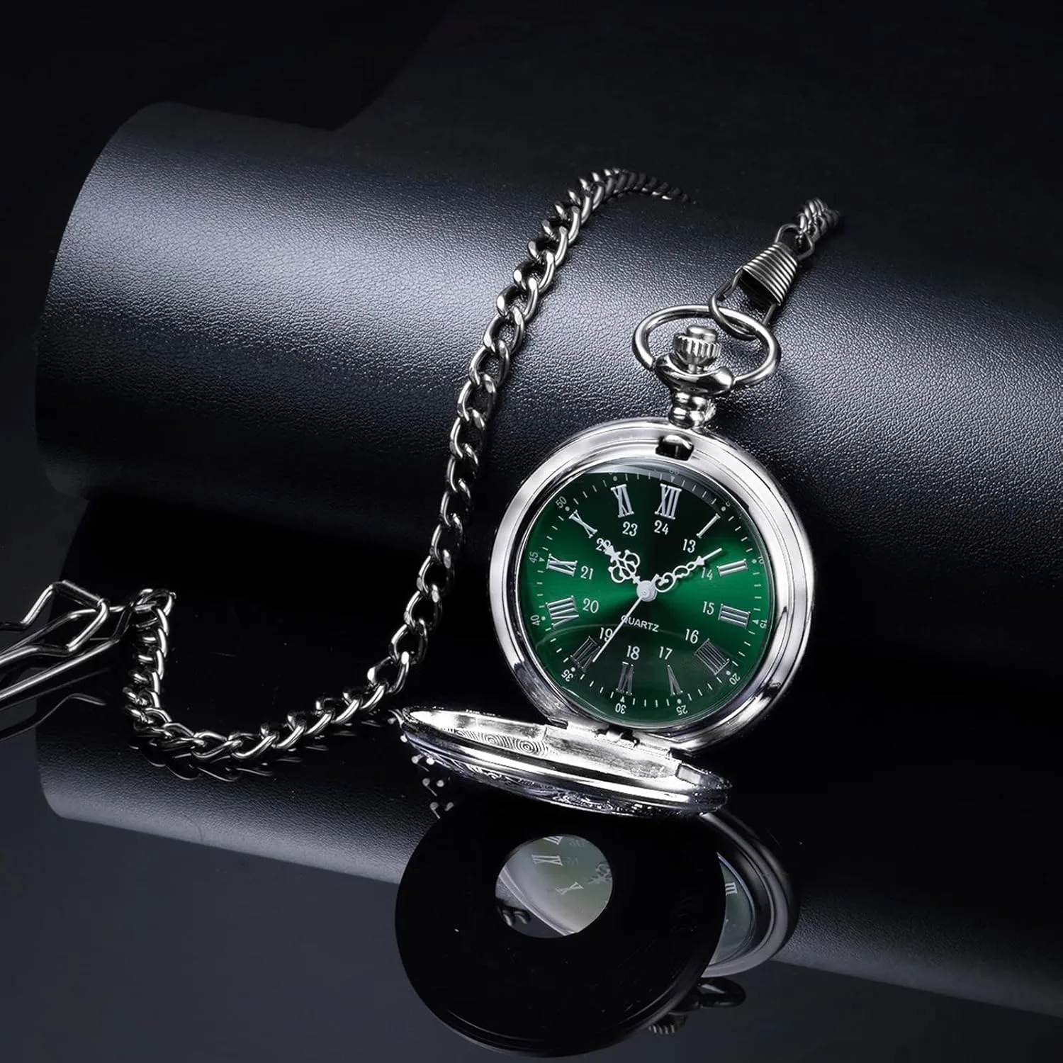 BOSHIYA Pocket Watches for Men Vintage Unique Blue Dial Roman Numerals Scale Black Quartz Pocket Watch with Chain for Christmas Graduation Birthday Gifts