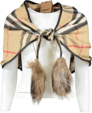 Burberry Beige 100% Cashmere Classic Check Scarf /Cape Leather Trim