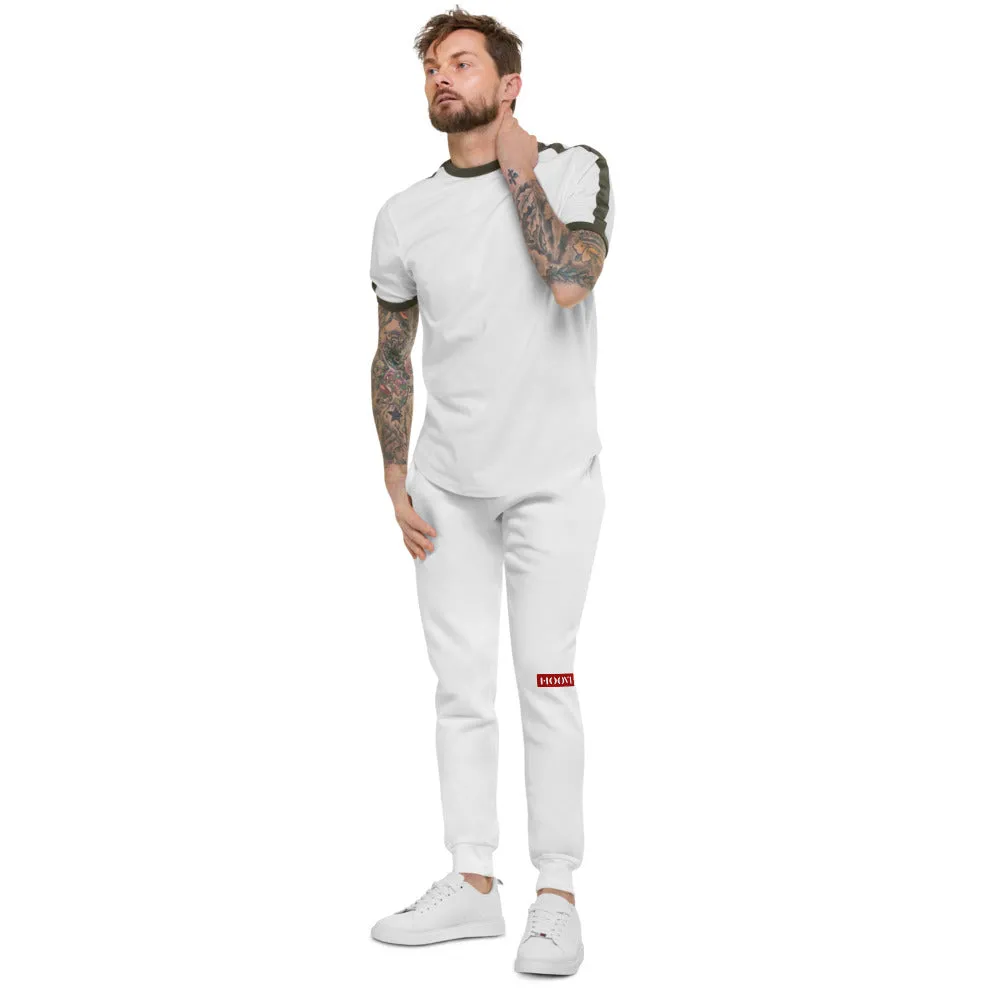Capital H's Unisex Fleece Sweatpants (White Hoovi Print) Muted Red & Grey Logo