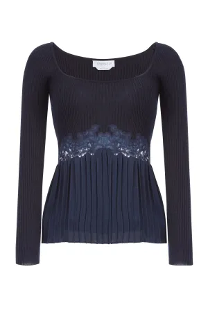 Fini Lace Top in Navy Silk Crepe