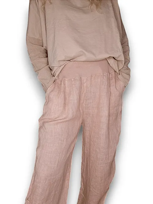 Helga May: Elastic Waist Linen Pant - Baby Pink