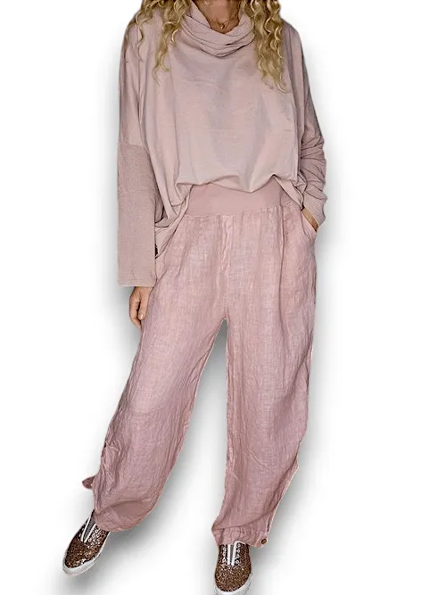 Helga May: Elastic Waist Linen Pant - Baby Pink