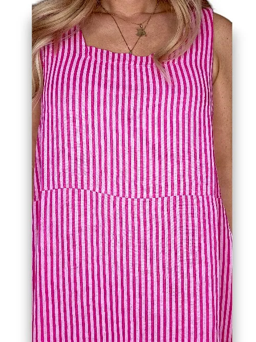 Helga May: Maxi Tank Dress - Hot Pink Stripe