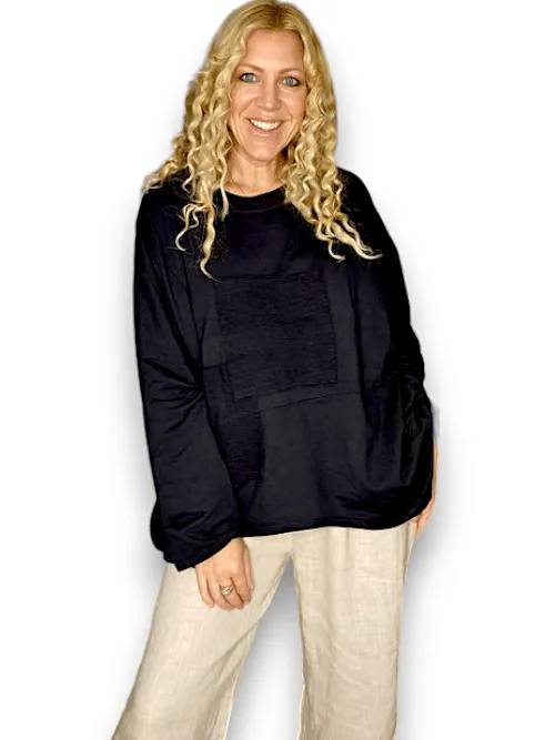 Helga May: Patchwork Cotton Sweater - Plain Black