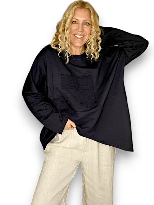 Helga May: Patchwork Cotton Sweater - Plain Black