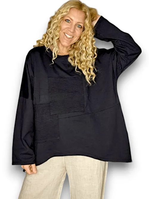 Helga May: Patchwork Cotton Sweater - Plain Black