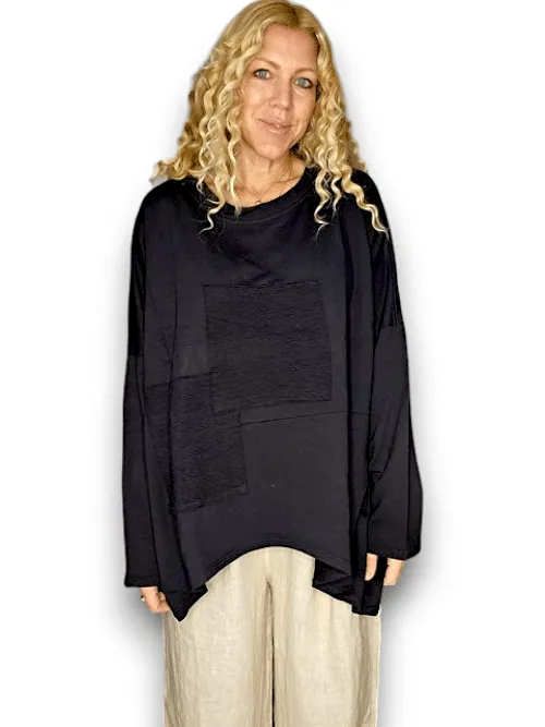 Helga May: Patchwork Cotton Sweater - Plain Black