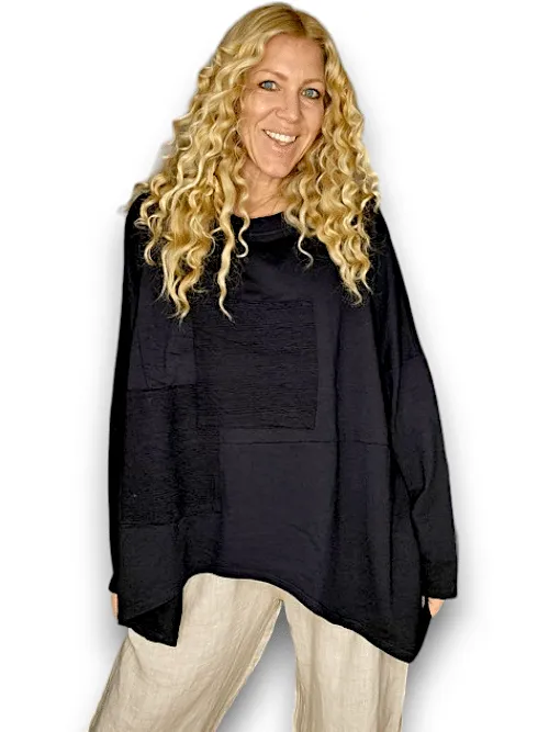 Helga May: Patchwork Cotton Sweater - Plain Black