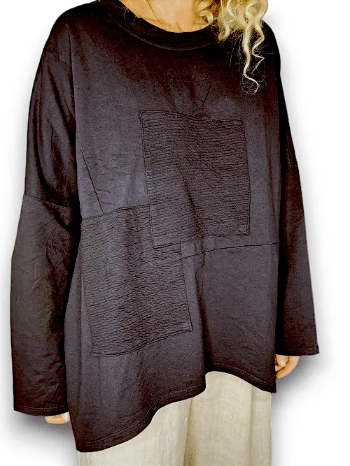 Helga May: Patchwork Cotton Sweater - Plain Black