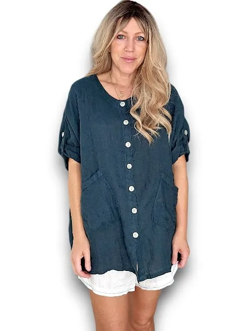 Helga May: Pearl Buttons Shirt - Dark Jade