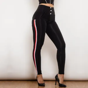 High Waist Black Denim Skinny Jeans for Women - Slim Fit Side Stripe Pencil Pants