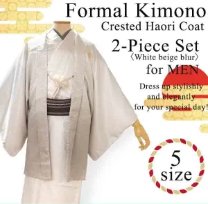 Men's Formal Kimono and Crested Haori Coat 2-Piece Set ＜White beige blur＞