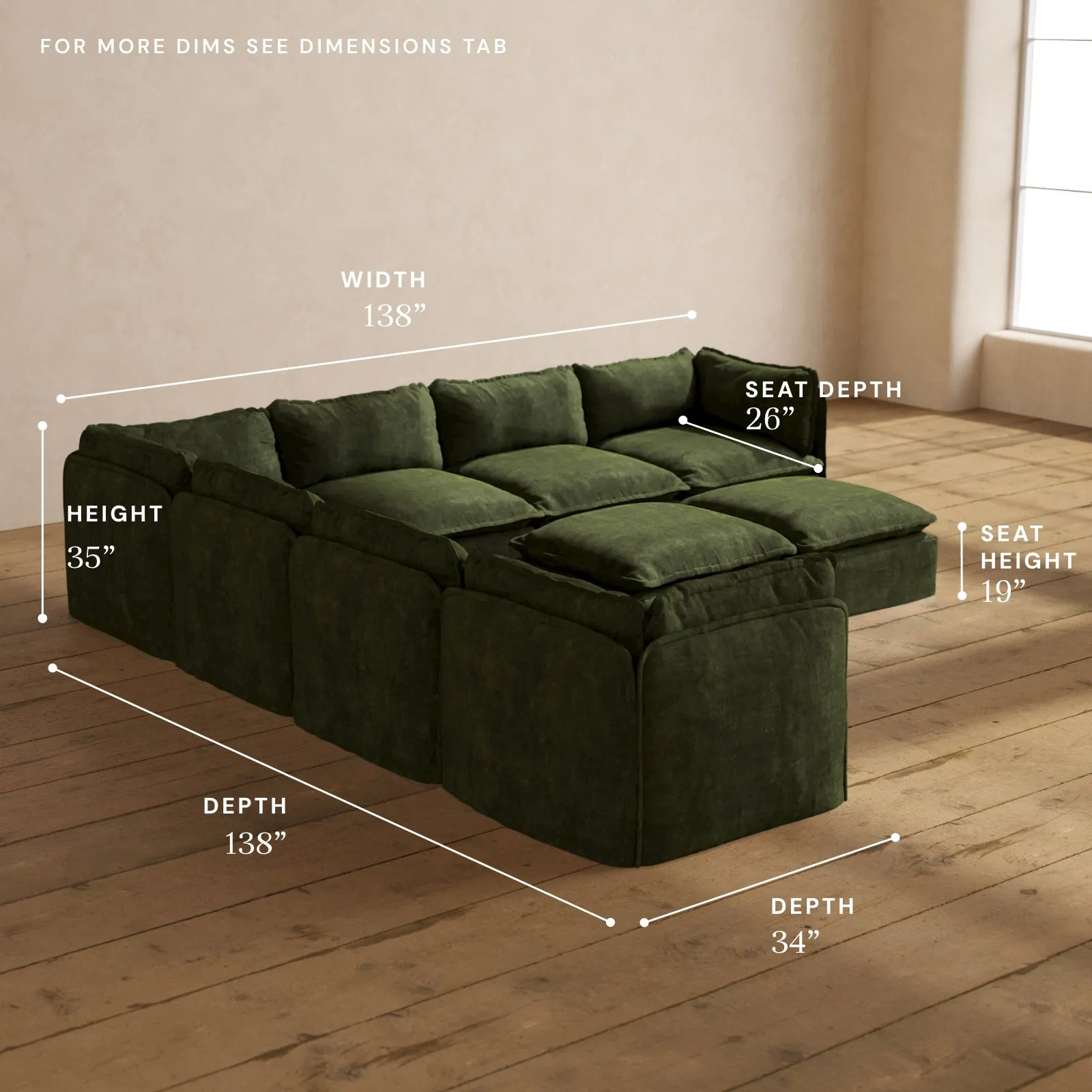 Modular Performance 7-Seater Corner Sectional   Bench Ottoman in Olive | Relaxed Blend