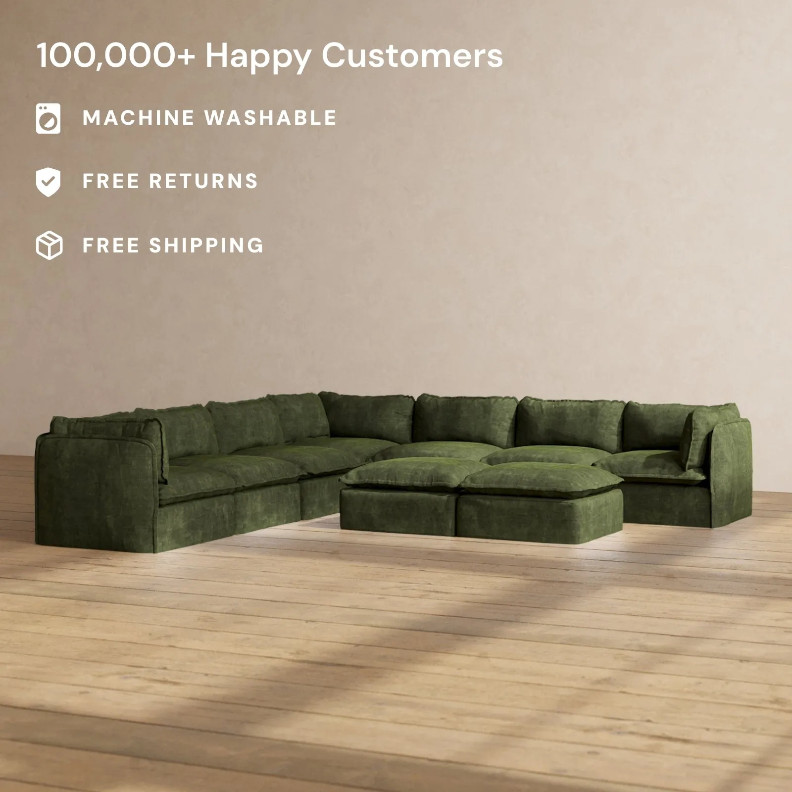 Modular Performance 7-Seater Corner Sectional   Bench Ottoman in Olive | Relaxed Blend