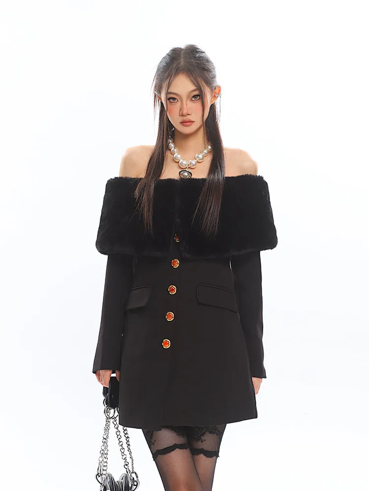 Off Shoulder Faux Fur Trim Long Sleeve Mini Dress