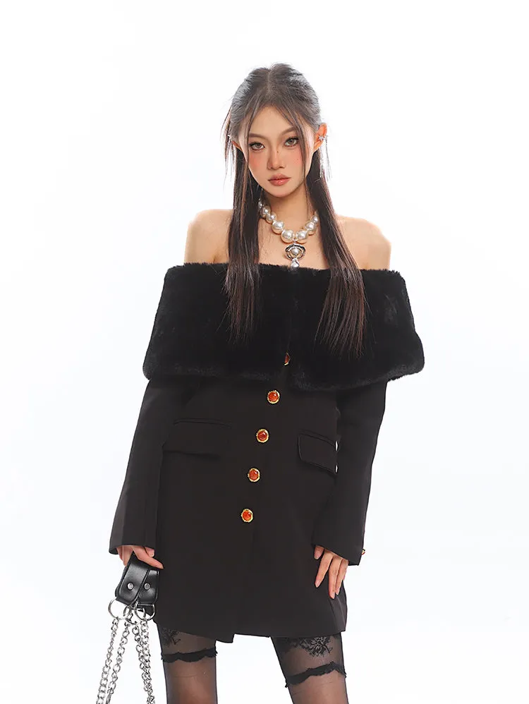 Off Shoulder Faux Fur Trim Long Sleeve Mini Dress