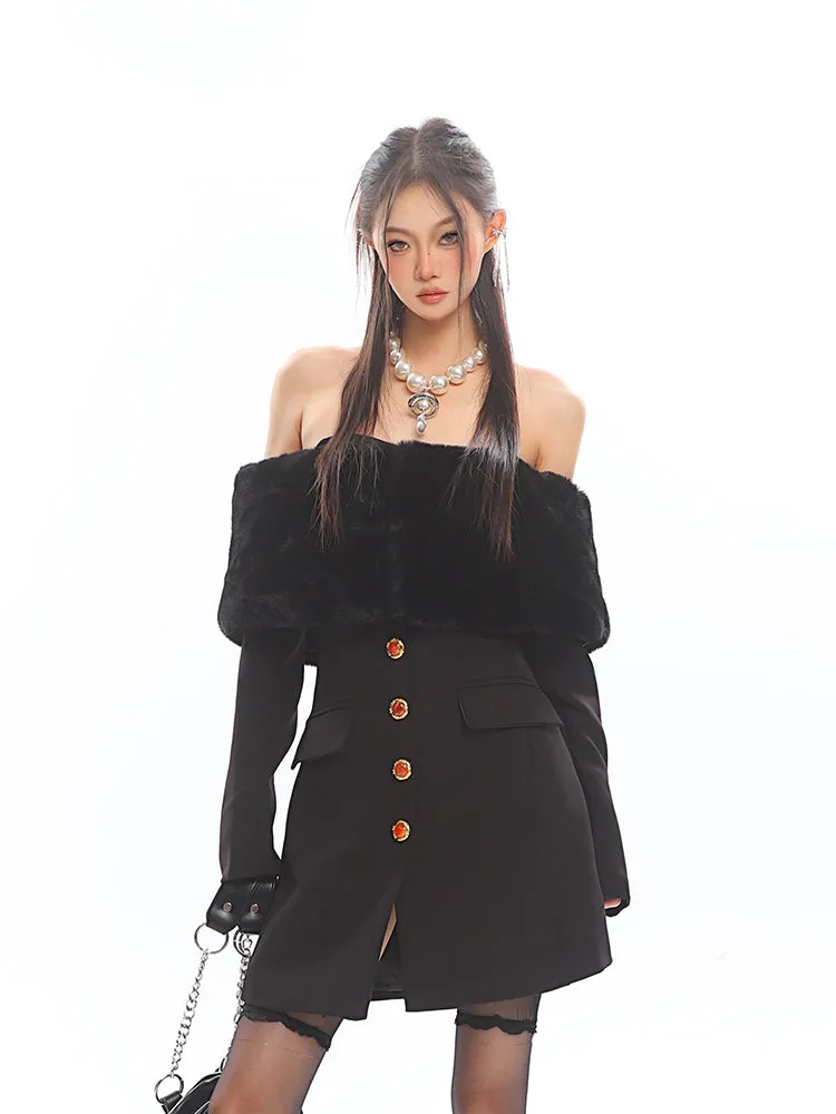 Off Shoulder Faux Fur Trim Long Sleeve Mini Dress