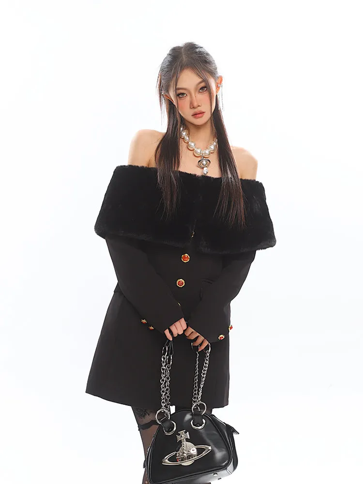 Off Shoulder Faux Fur Trim Long Sleeve Mini Dress