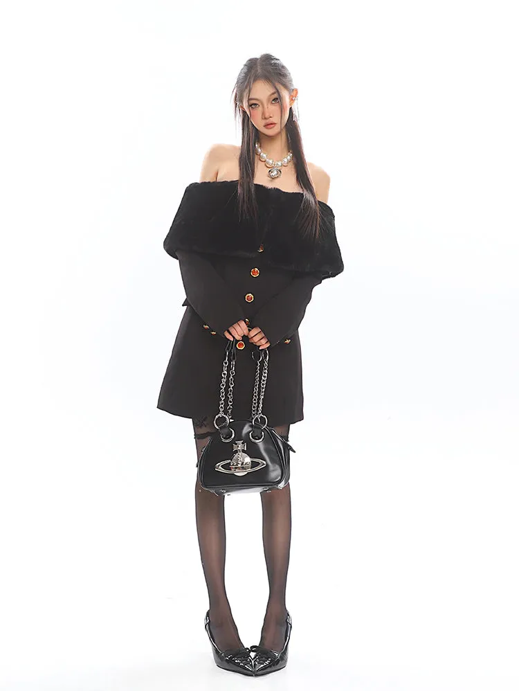 Off Shoulder Faux Fur Trim Long Sleeve Mini Dress