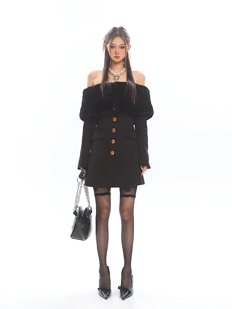Off Shoulder Faux Fur Trim Long Sleeve Mini Dress