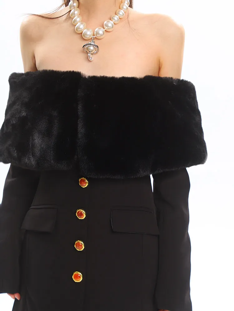 Off Shoulder Faux Fur Trim Long Sleeve Mini Dress