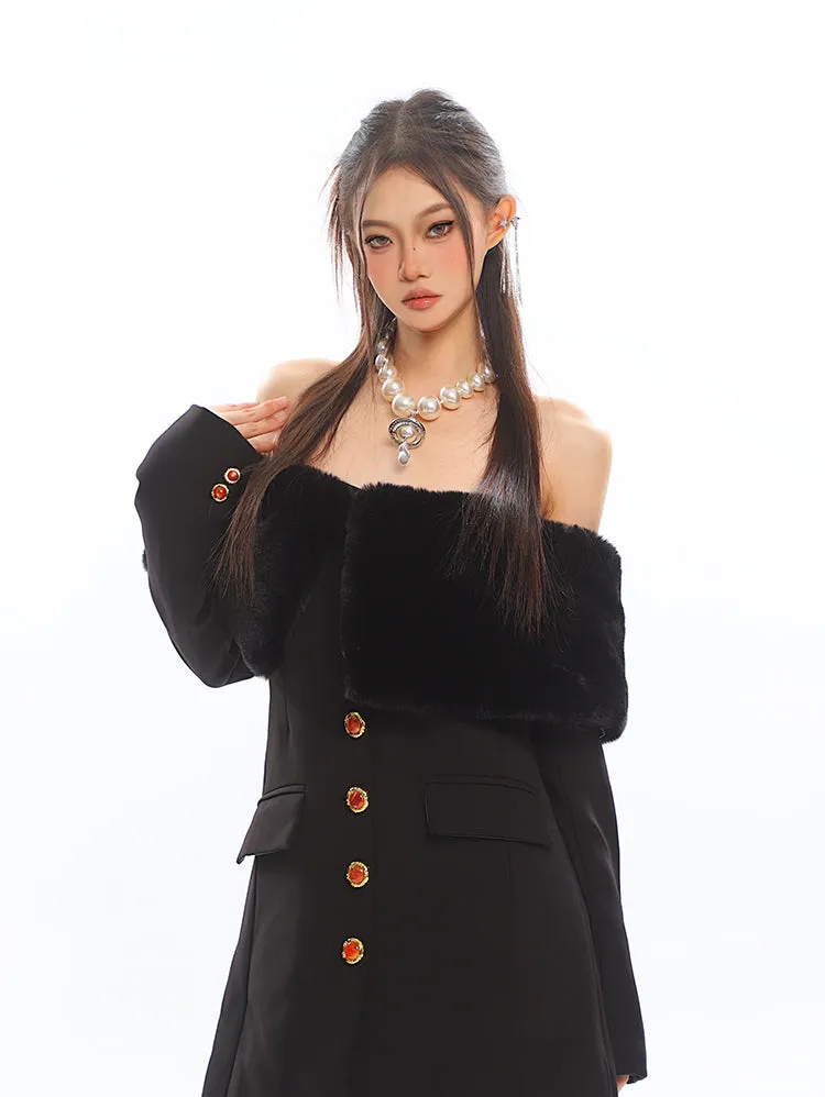 Off Shoulder Faux Fur Trim Long Sleeve Mini Dress