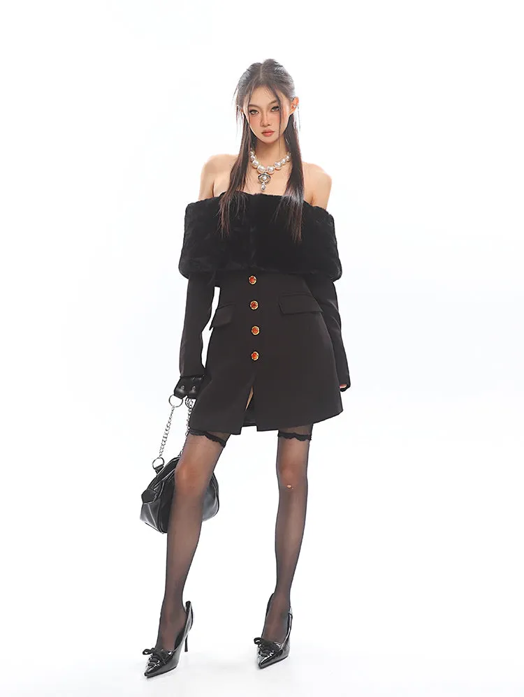 Off Shoulder Faux Fur Trim Long Sleeve Mini Dress