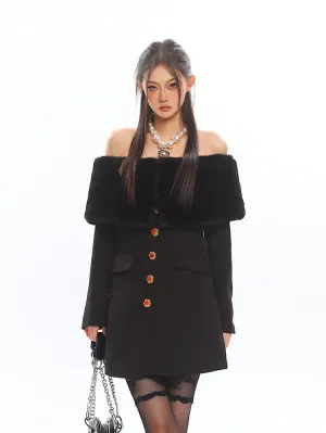 Off Shoulder Faux Fur Trim Long Sleeve Mini Dress