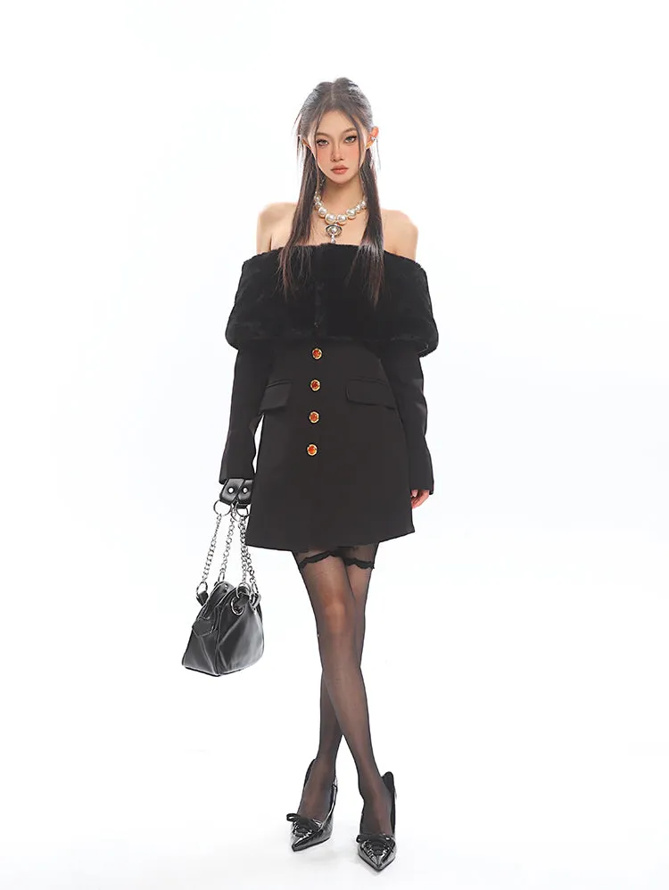Off Shoulder Faux Fur Trim Long Sleeve Mini Dress