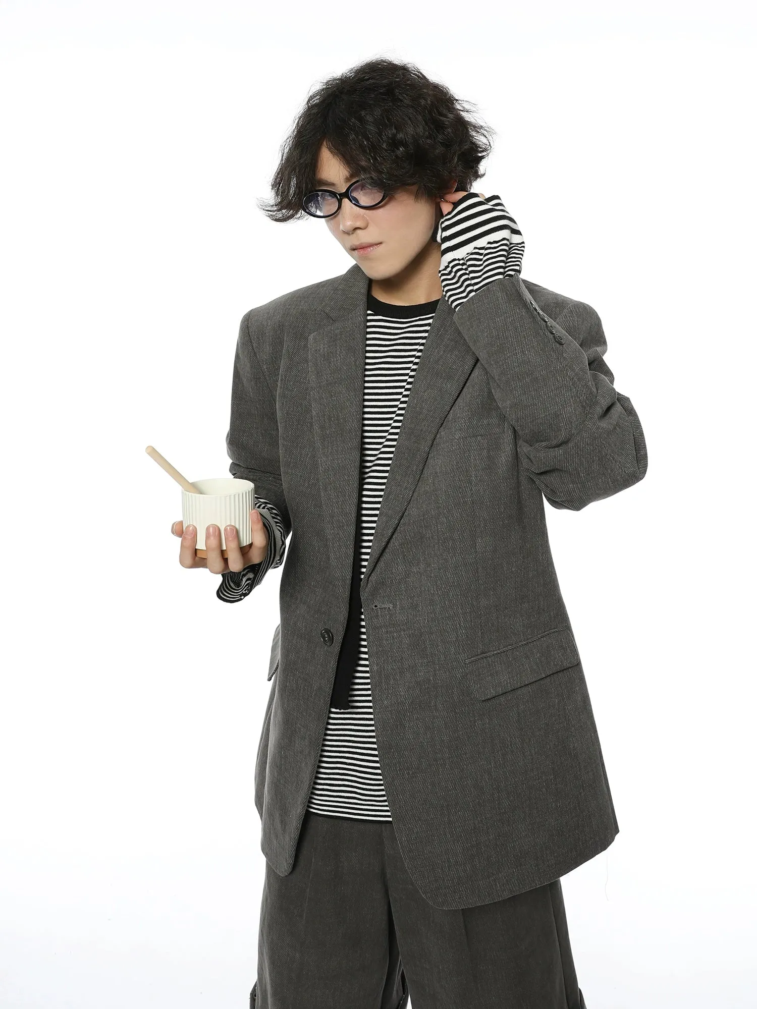 Oversized Textured Retro Blazer and Trousers Co-ord Set
