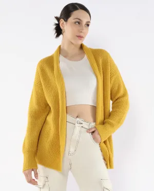 Rareism Women Jug Yellow Acrylic Polyester Fabric Relaxed Fit Plain Shrug