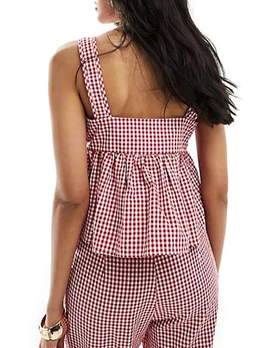 TAVIMART  -  Women's Shoulder Tie Tank Tops Classic Plaid Print Sleeveless Square Neck Ruffle Babydoll Peplum Vest for Summer Y2k Aesthetic