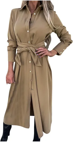 Women Long Sleeve Midi Shirt Dress Casual Loose Tie Waist Button Down Dress Fall Winter Dresses 2024 Trendy Clothes