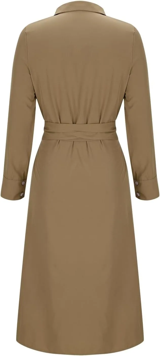 Women Long Sleeve Midi Shirt Dress Casual Loose Tie Waist Button Down Dress Fall Winter Dresses 2024 Trendy Clothes